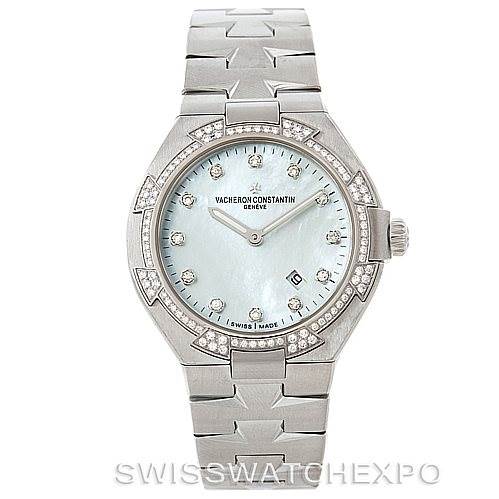 This image shows a front view of the Vacheron Constantin Overseas 25750 Women's Stainless Steel Mother of Pearl Dial 25750 Women's Stainless Steel Mother of Pearl Dial watch, highlighting its dial, case, and bracelet.