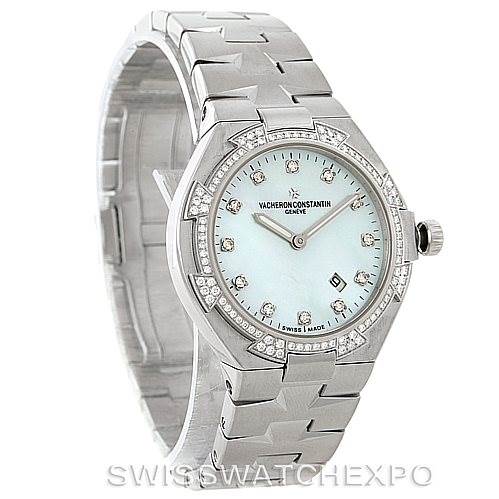 This image shows a Vacheron Constantin Overseas 25750 Women's Stainless Steel Mother of Pearl Dial 25750 Women's Stainless Steel Mother of Pearl Dial watch, featuring its bracelet, crown, and diamond-accented bezel from a front-side angle.