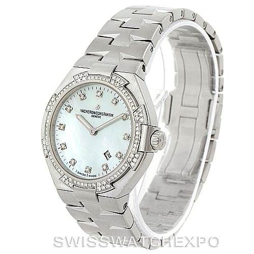 The image shows a Vacheron Constantin Overseas 25750 Women's Stainless Steel Mother of Pearl Dial 25750 Women's Stainless Steel Mother of Pearl Dial watch from a front angle displaying its face and bracelet.