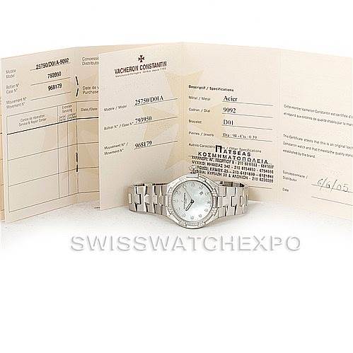 The image shows a Vacheron Constantin Overseas 25750 Women's Stainless Steel Mother of Pearl Dial 25750 Women's Stainless Steel Mother of Pearl Dial model watch placed in front of its open warranty and instruction papers.