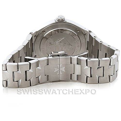 This image shows the back and bracelet of a Vacheron Constantin Overseas 25750 Women's Stainless Steel Mother of Pearl Dial 25750 Women's Stainless Steel Mother of Pearl Dial model watch, featuring its distinctive clasp and engraved case back.