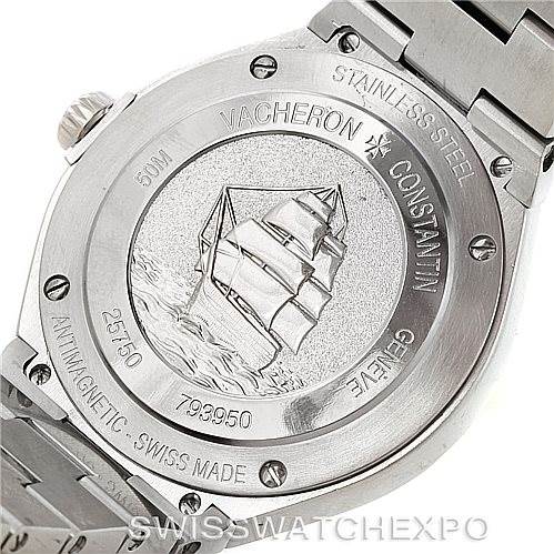 The image shows the back case and bracelet of a Vacheron Constantin Overseas 25750 Women's Stainless Steel Mother of Pearl Dial 25750 Women's Stainless Steel Mother of Pearl Dial watch, highlighting its engraved details and inscriptions.