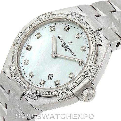 The image shows a Vacheron Constantin Overseas 25750 Women's Stainless Steel Mother of Pearl Dial 25750 Women's Stainless Steel Mother of Pearl Dial model watch at an angled view, highlighting the bezel, dial, and part of the bracelet.