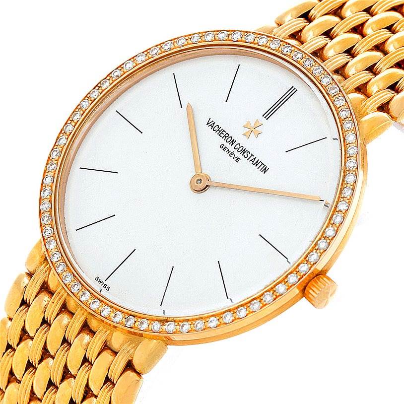 The image shows the dial and partial bracelet of a Vintage Vacheron Constantin watch from a front angle.