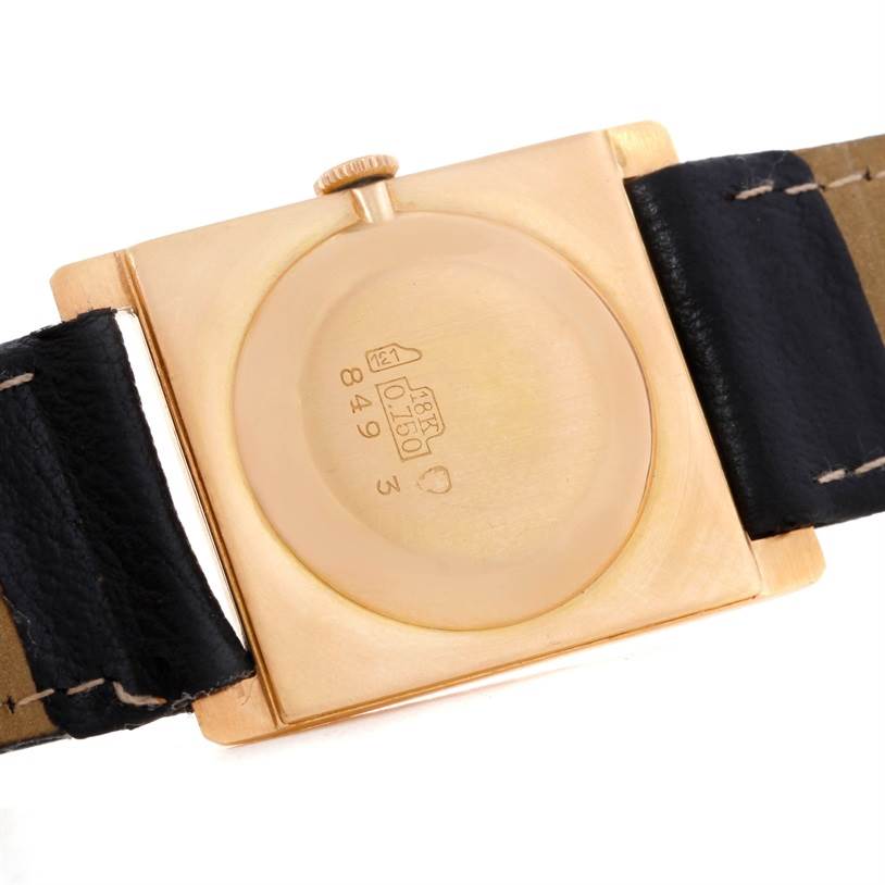 This is the back view of a Vintage Vacheron Constantin watch, showing the case back and black leather straps.