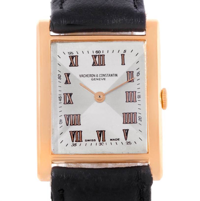 This image shows a frontal view of a Vintage Vacheron Constantin watch, highlighting the dial, case, and leather strap.