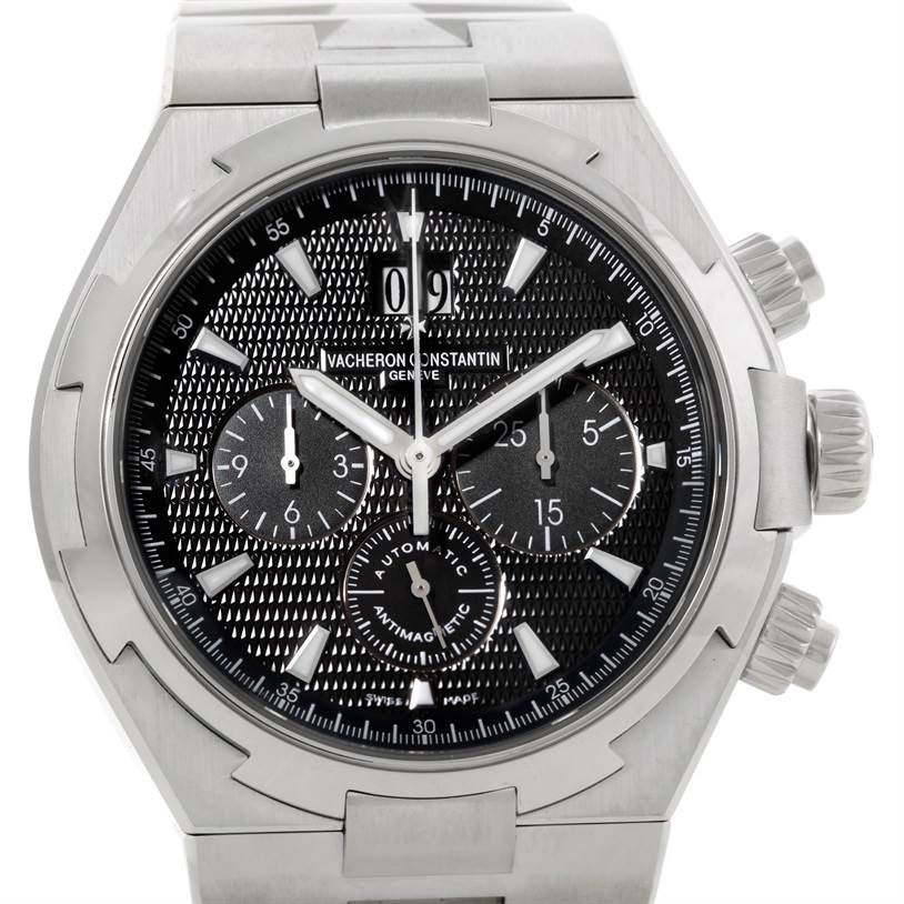 The image shows a front view of the Vacheron Constantin Overseas 49150.B01A.9097 Men's Stainless Steel Black Dial 49150.B01A.9097 Men's Stainless Steel Black Dial watch, highlighting its dial, bezel, and crown.