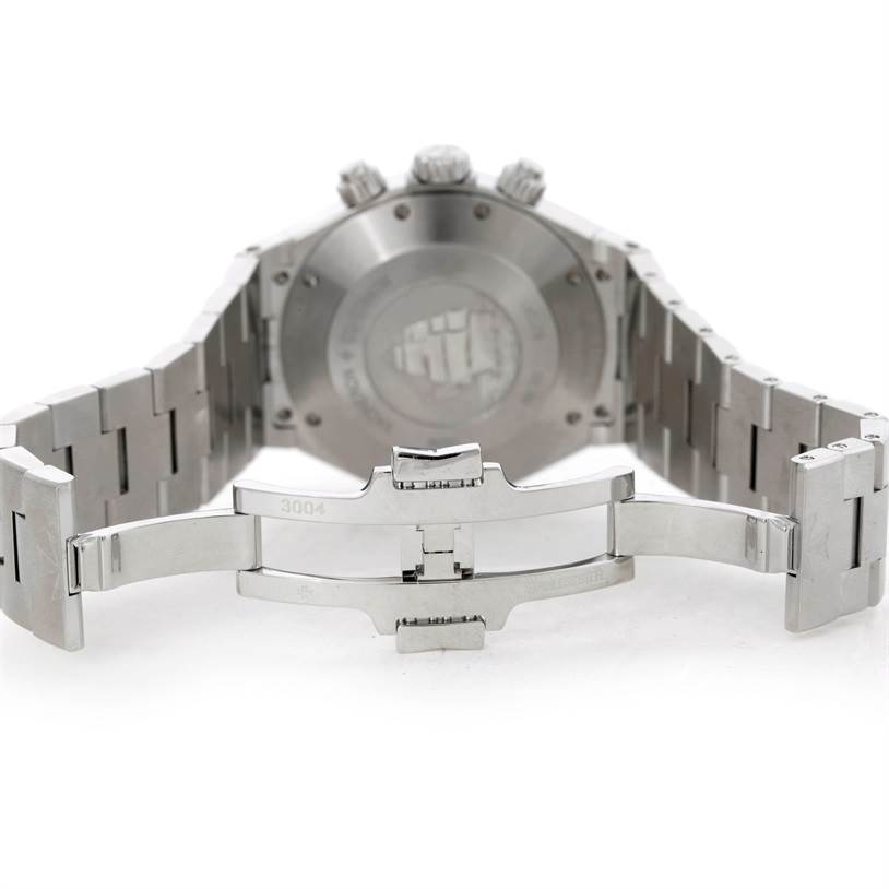 Rear angle showing the open clasp and bracelet of the Vacheron Constantin Overseas 49150.B01A.9097 Men's Stainless Steel Black Dial 49150.B01A.9097 Men's Stainless Steel Black Dial watch.