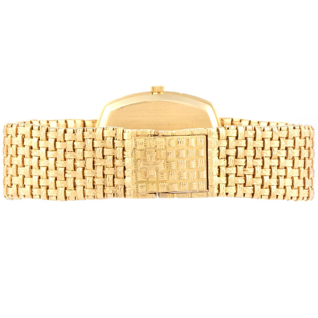 This image shows the clasp and back of the gold bracelet of the Vintage Vacheron Constantin watch from a rear angle.