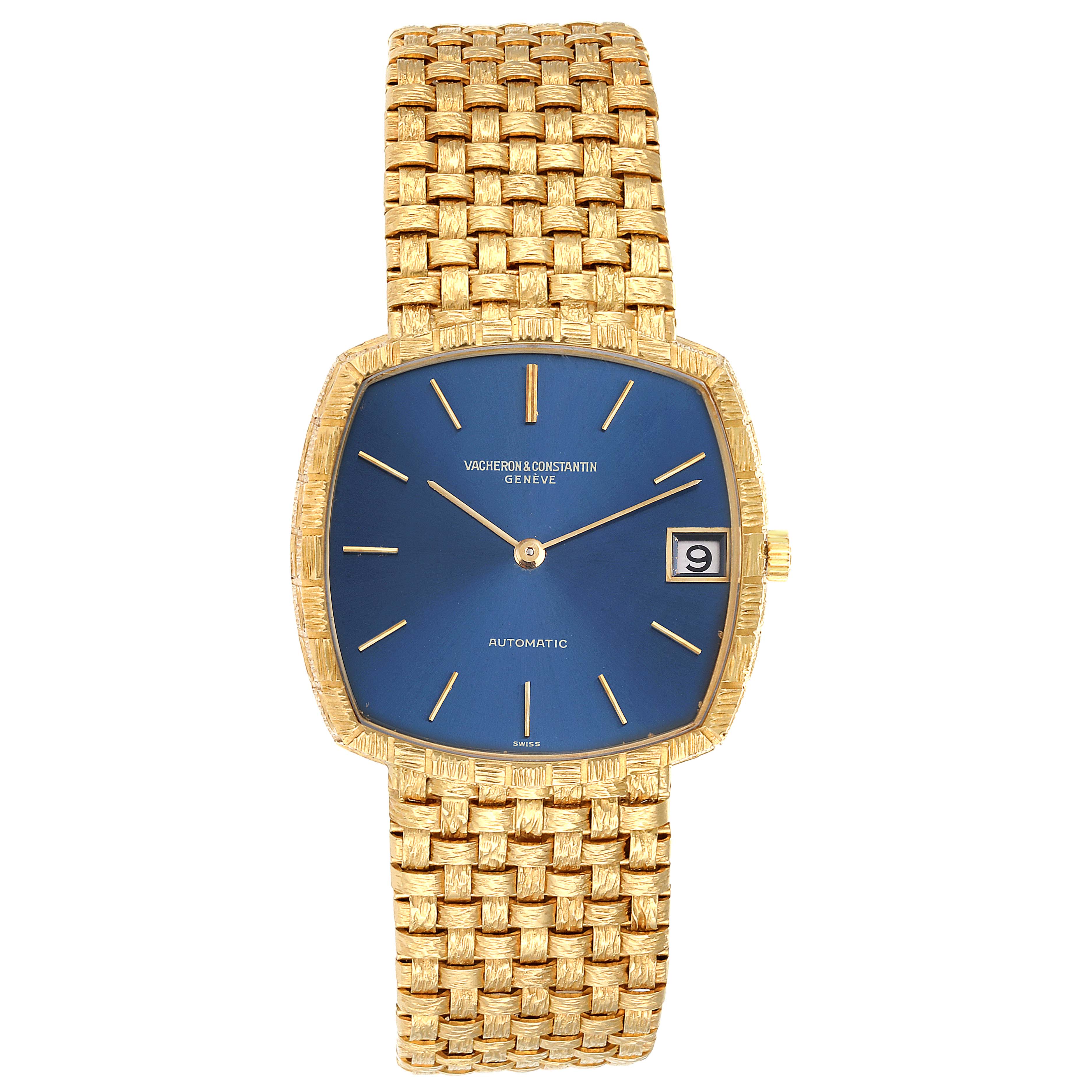 The image shows a front view of a Vintage Vacheron Constantin watch, featuring a blue dial, gold case, and woven gold bracelet.