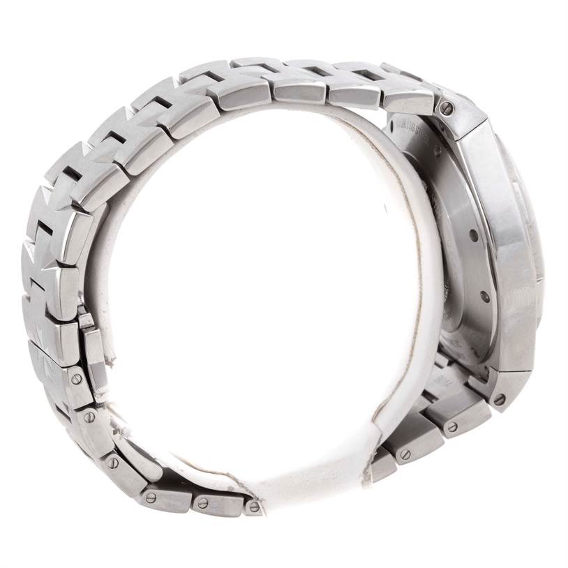 The image shows a side view of the Vacheron Constantin Overseas 49150.B01A.9097 Men's Stainless Steel Black Dial 49150.B01A.9097 Men's Stainless Steel Black Dial watch, focusing on its metal bracelet and case.