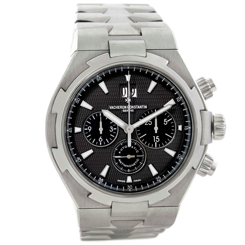The image shows a front angle view of the Overseas model watch by Vacheron Constantin, displaying its face and side buttons.