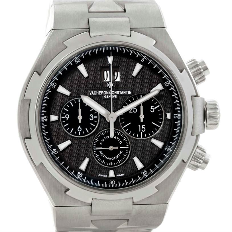 The image shows a front view of the Vacheron Constantin Overseas 49150.B01A.9097 Men's Stainless Steel Black Dial 49150.B01A.9097 Men's Stainless Steel Black Dial watch, highlighting the dial and part of the bracelet.