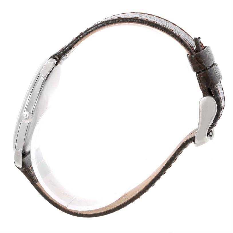 The image shows a Vacheron Constantin Vintage 39005 Men's Stainless Steel Silver Dial 39005 Men's Stainless Steel Silver Dial watch from a side angle, highlighting the leather strap, buckle, and side view of the watch case.