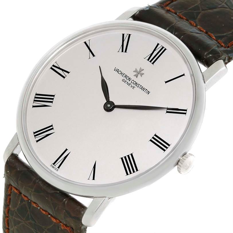 This image shows a Vacheron Constantin Vintage 39005 Men's Stainless Steel Silver Dial 39005 Men's Stainless Steel Silver Dial model watch at a slight angle, highlighting the face with Roman numerals and a leather strap.