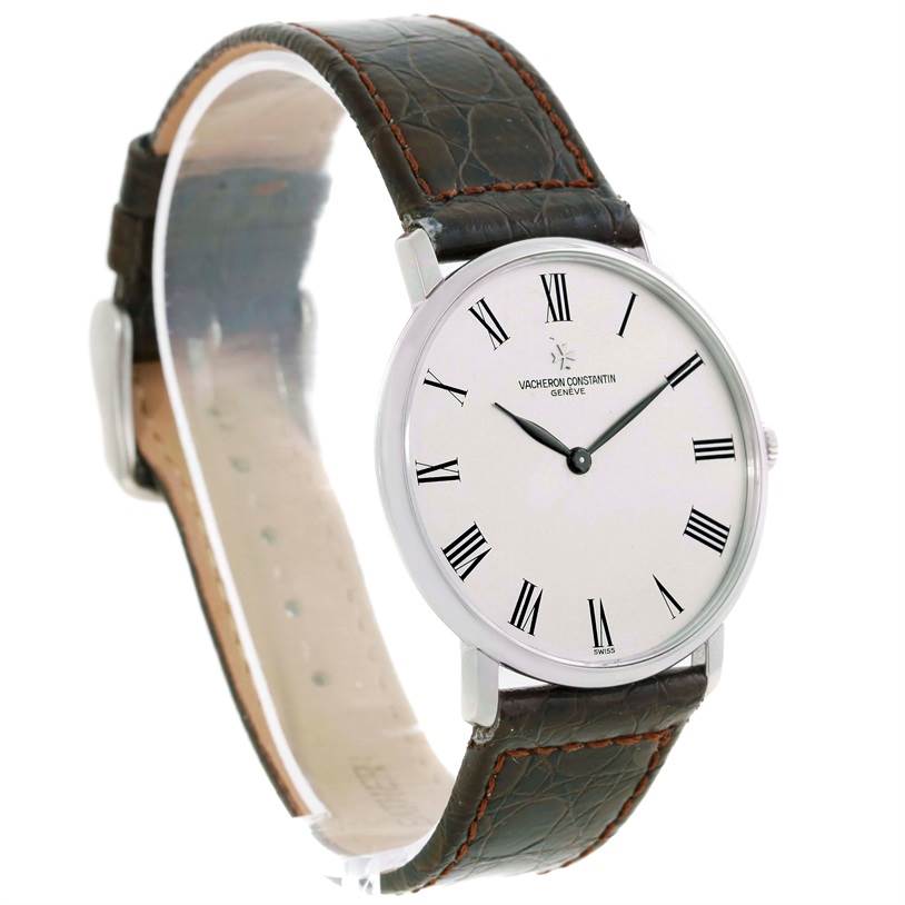 This image shows a Vintage Vacheron Constantin watch from a three-quarter angle, highlighting the face, strap, and crown.