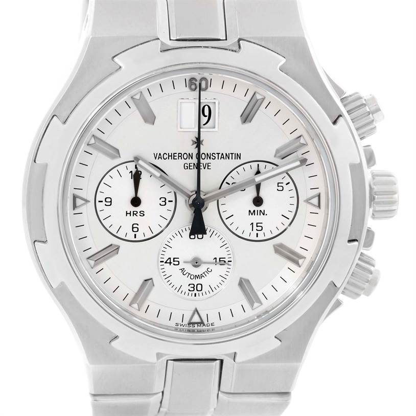The image shows a frontal view of the dial and part of the bracelet of the Vacheron Constantin Overseas 49140/423A-8790 Men's Stainless Steel Silver Dial 49140/423A-8790 Men's Stainless Steel Silver Dial watch.
