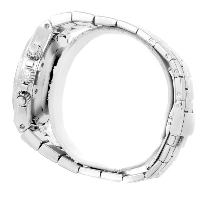 The image shows a side view of a Vacheron Constantin Overseas 49140/423A-8790 Men's Stainless Steel Silver Dial 49140/423A-8790 Men's Stainless Steel Silver Dial model watch, highlighting the crown, pushers, and stainless steel bracelet.