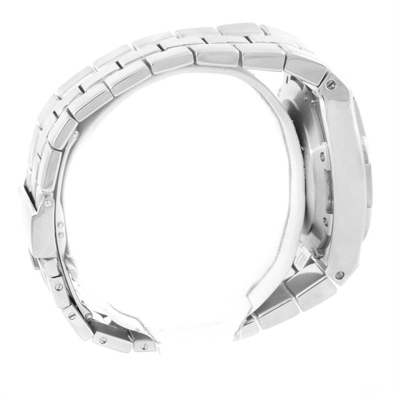 This image shows the side profile of a Vacheron Constantin Overseas 49140/423A-8790 Men's Stainless Steel Silver Dial 49140/423A-8790 Men's Stainless Steel Silver Dial model wristwatch, highlighting its metal bracelet and case.