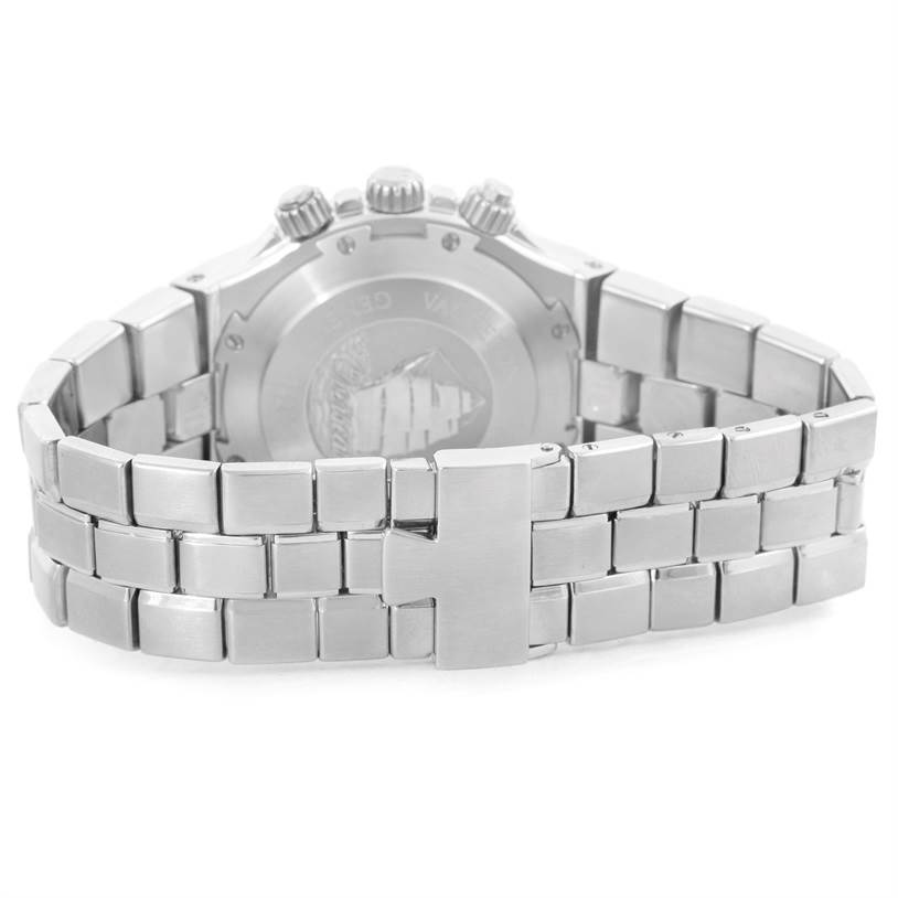 The image shows the back of a Vacheron Constantin Overseas 49140/423A-8790 Men's Stainless Steel Silver Dial 49140/423A-8790 Men's Stainless Steel Silver Dial model watch, highlighting its clasp and bracelet.