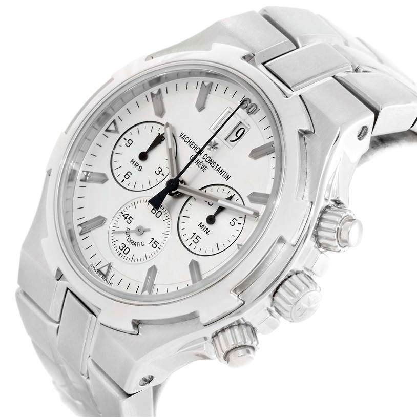 The Vacheron Constantin Overseas 49140/423A-8790 Men's Stainless Steel Silver Dial 49140/423A-8790 Men's Stainless Steel Silver Dial watch is shown at an angle highlighting its face, chronograph subdials, and crown.
