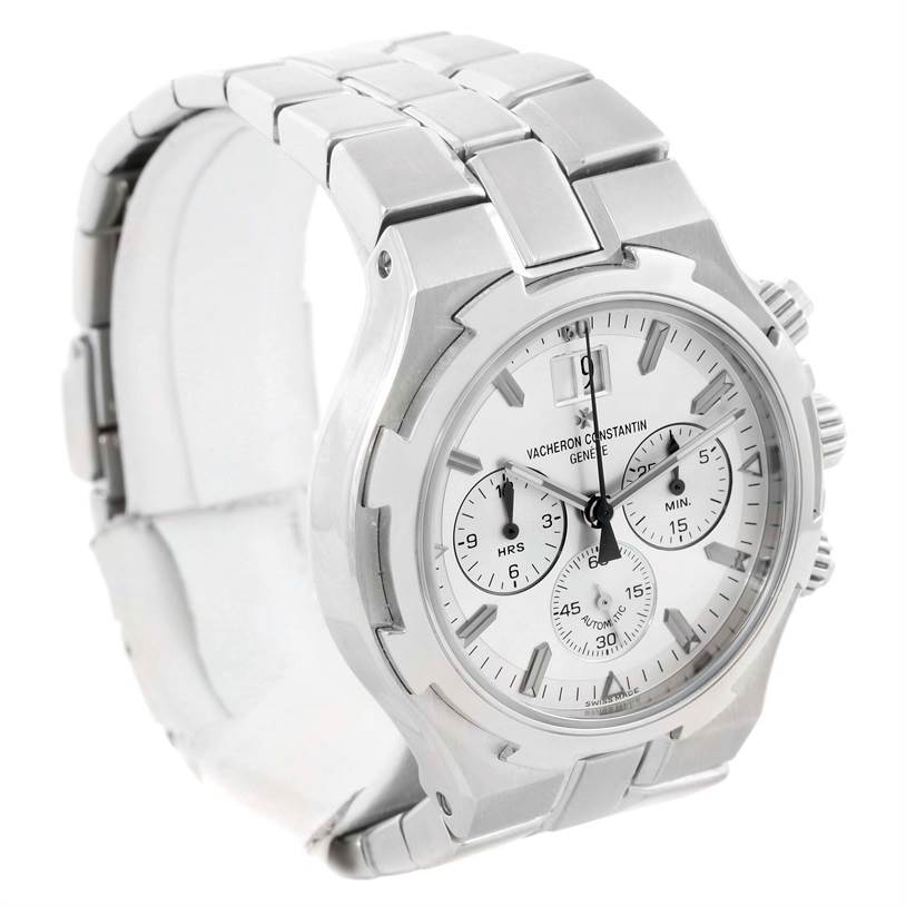 This image shows a Vacheron Constantin Overseas 49140/423A-8790 Men's Stainless Steel Silver Dial 49140/423A-8790 Men's Stainless Steel Silver Dial watch at a slight angle, highlighting its dial, bezel, and bracelet.