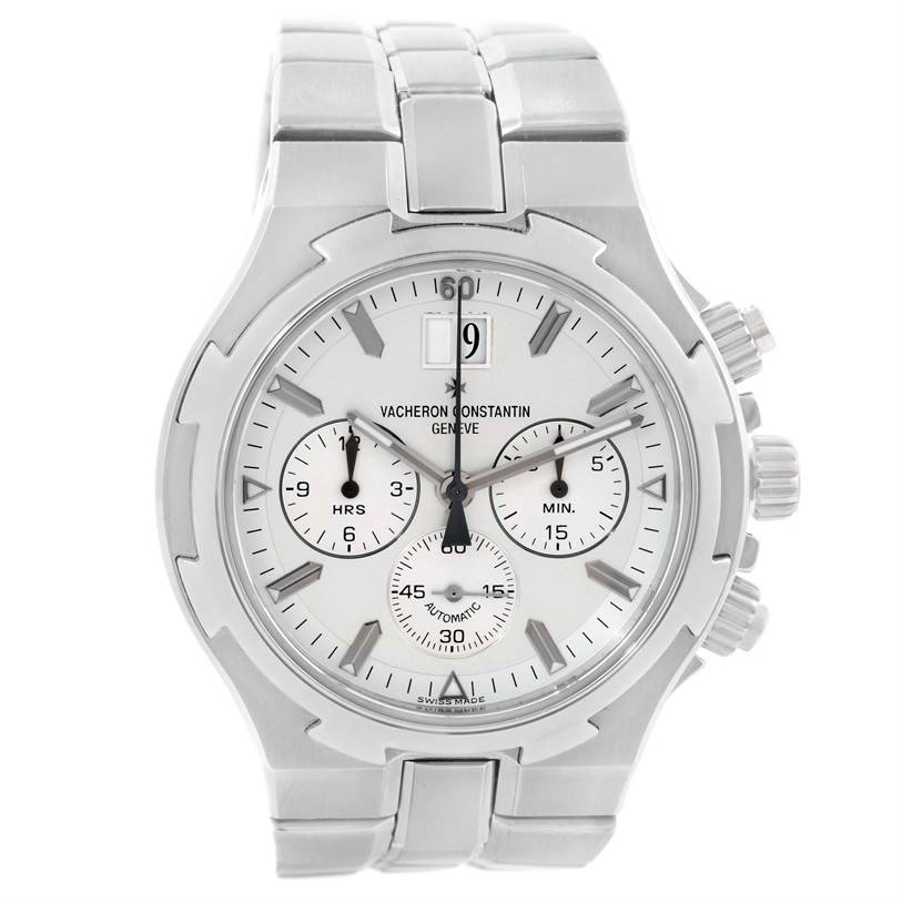 The image shows a front view of the Vacheron Constantin Overseas 49140/423A-8790 Men's Stainless Steel Silver Dial 49140/423A-8790 Men's Stainless Steel Silver Dial watch, showcasing its dial, sub-dials, and part of the bracelet.