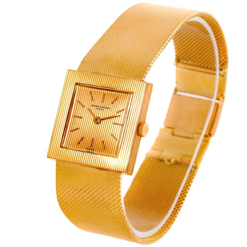 This image shows a close-up, side-angle view of the Vintage model by Vacheron Constantin, featuring the square face, band, and clasp.