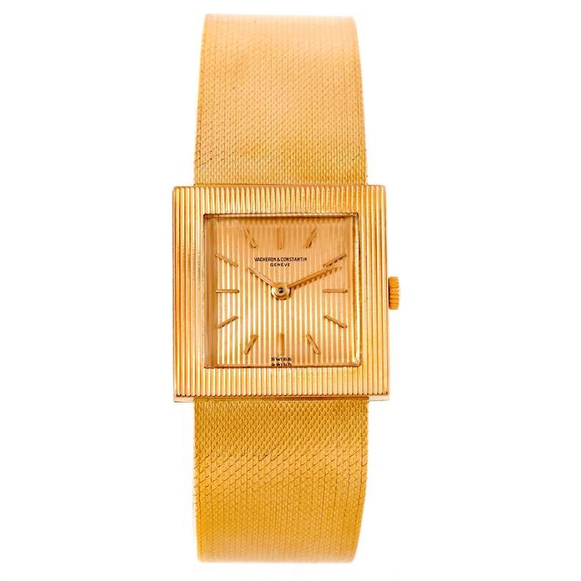 This image shows a front view of a Vintage Vacheron Constantin watch, displaying its square dial and gold mesh strap.
