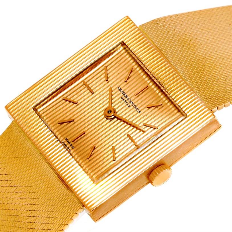 This image shows a close-up view of a vintage Vacheron Constantin watch, featuring the dial, crown, and part of the strap.