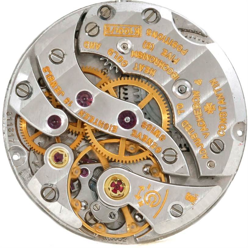 This image shows the intricate inner mechanism of a vintage Vacheron Constantin watch from a top-down perspective.