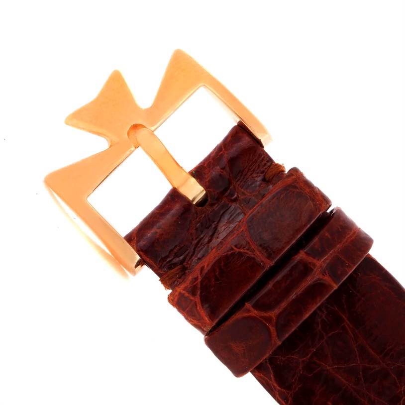 This image shows a close-up of the buckle and part of the leather strap of a Vacheron Constantin Patrimony 39005 Men's Rose Gold White Dial 39005 Men's Rose Gold White Dial watch.