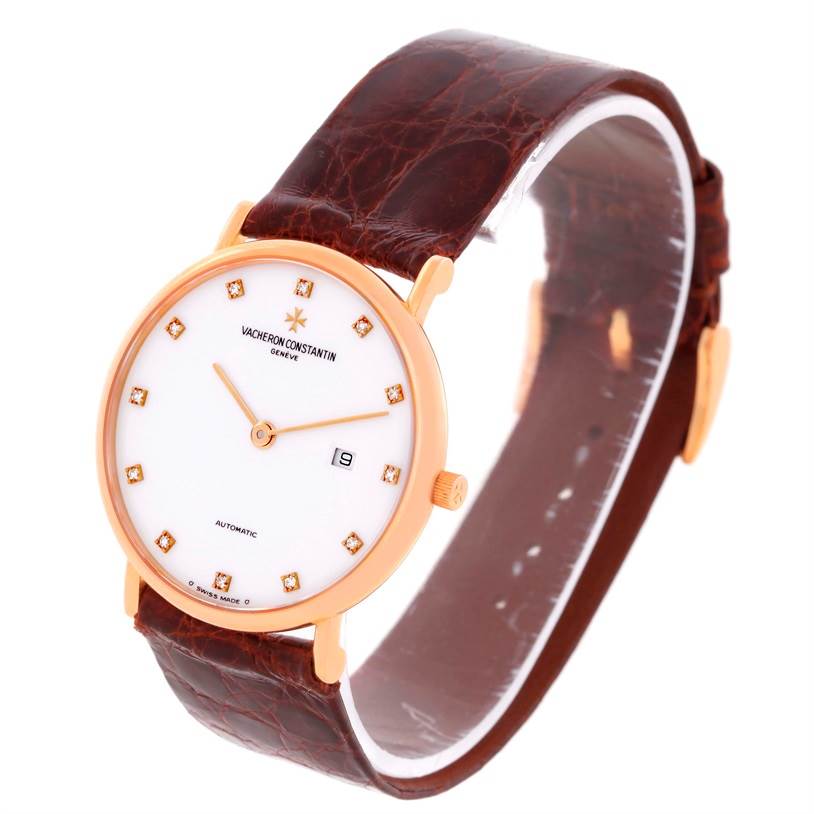 This image shows a Vacheron Constantin Patrimony 39005 Men's Rose Gold White Dial 39005 Men's Rose Gold White Dial watch at an angled front view, displaying its face, strap, and crown.