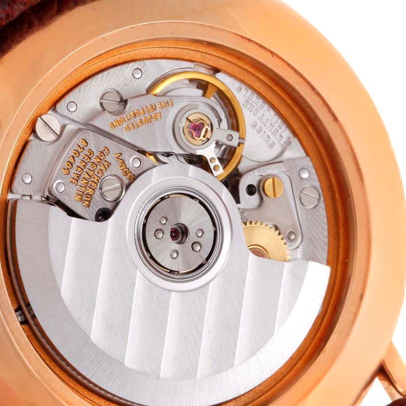 This image shows the intricately detailed movement mechanism of a Vacheron Constantin Patrimony 39005 Men's Rose Gold White Dial 39005 Men's Rose Gold White Dial watch from a rear angle.