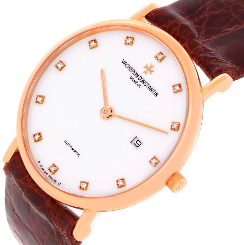 The image shows a Vacheron Constantin Patrimony 39005 Men's Rose Gold White Dial 39005 Men's Rose Gold White Dial watch at a slight angle, highlighting the face, diamond hour markers, crown, and leather strap.