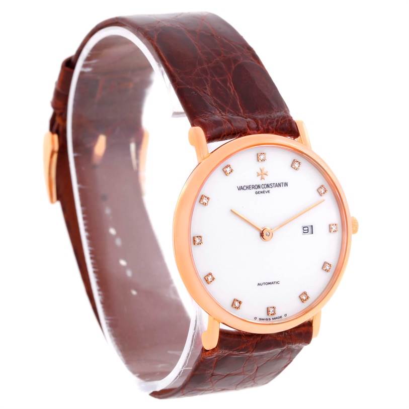 The image shows a front and side angle view of the Vacheron Constantin Patrimony 39005 Men's Rose Gold White Dial 39005 Men's Rose Gold White Dial watch, highlighting its dial, hands, and strap.