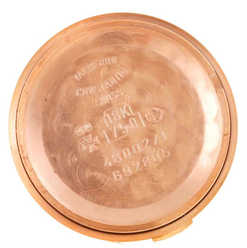 The image shows the inside of the case back of a Vacheron Constantin Patrimony 39005 Men's Rose Gold White Dial 39005 Men's Rose Gold White Dial watch, engraved with details including "18K" and "750".