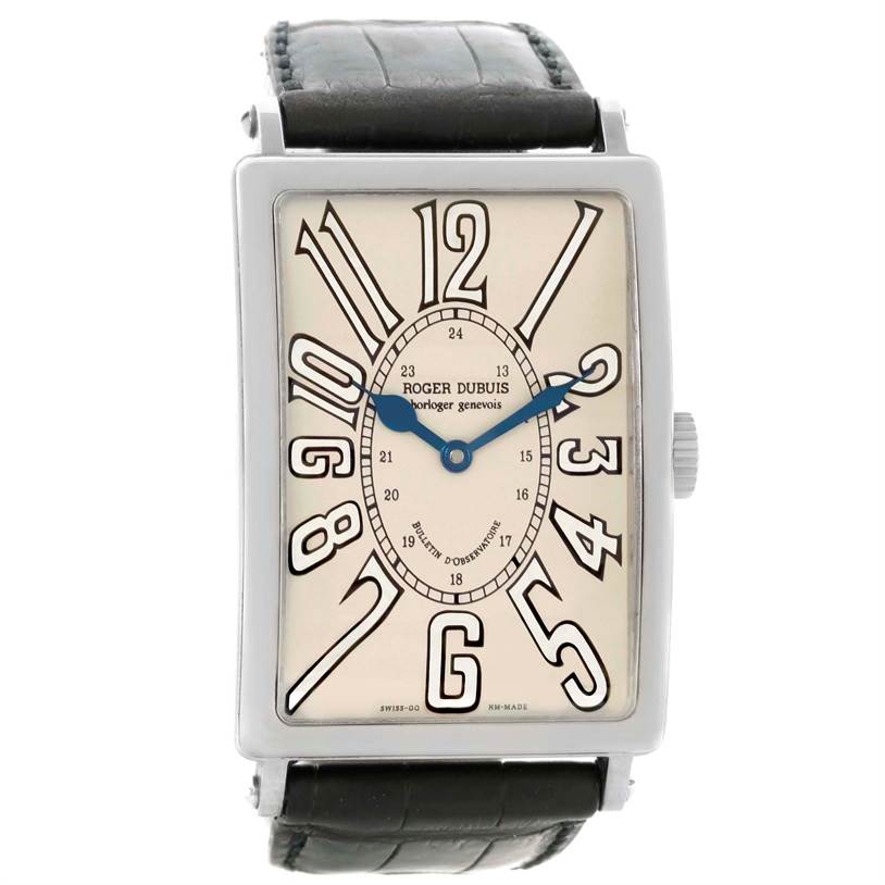 The Roger Dubuis 1701 Men's White Gold White Dial 1701 Men's White Gold White Dial Bulletin D'Observatoire 18K White Gold LE Watch 15/28 model is shown from a front angle, highlighting the face and strap.
