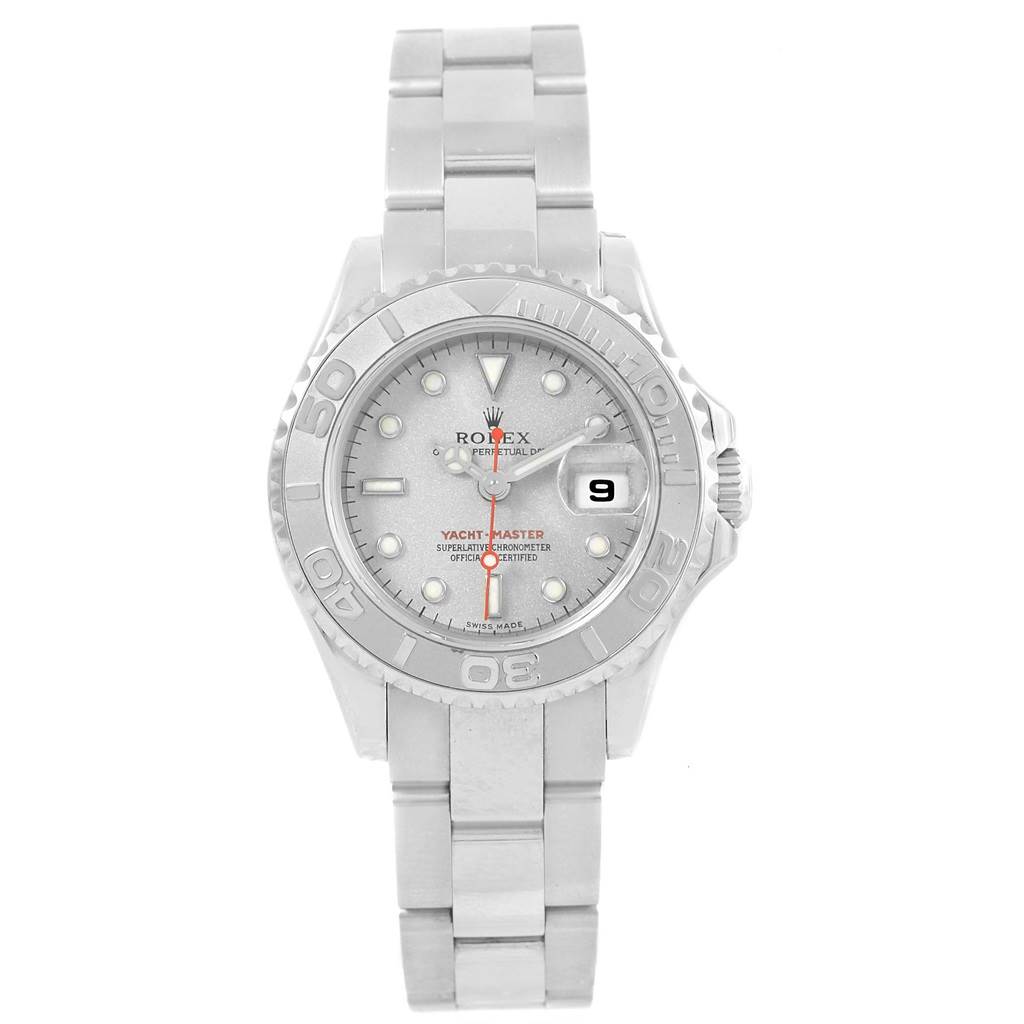 This image shows a front view of a Rolex Yacht-Master 169622 Women's Stainless Steel Silver Dial 169622 Women's Stainless Steel Silver Dial watch, highlighting the dial, hands, bezel, and bracelet.