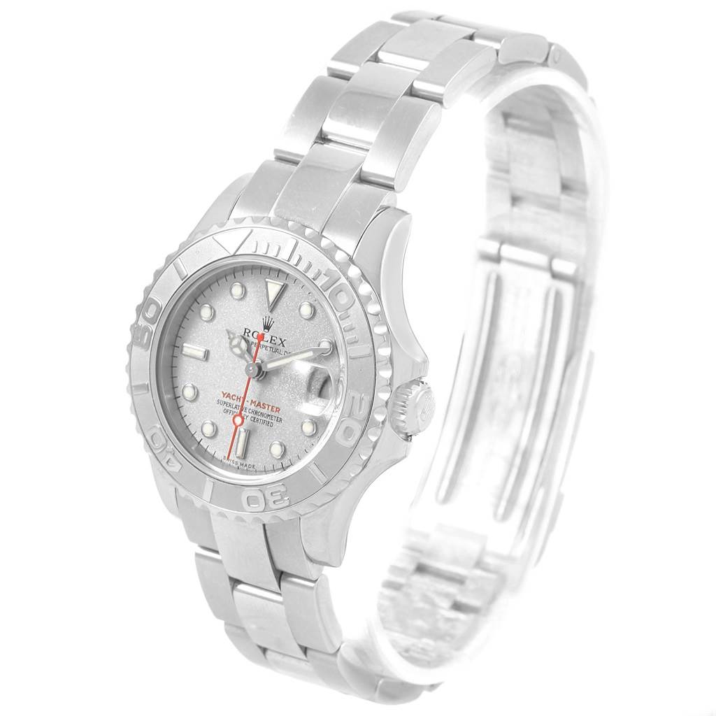 The Rolex Yacht-Master 169622 Women's Stainless Steel Silver Dial 169622 Women's Stainless Steel Silver Dial watch is shown from a three-quarter angle, highlighting the face, bezel, and bracelet.