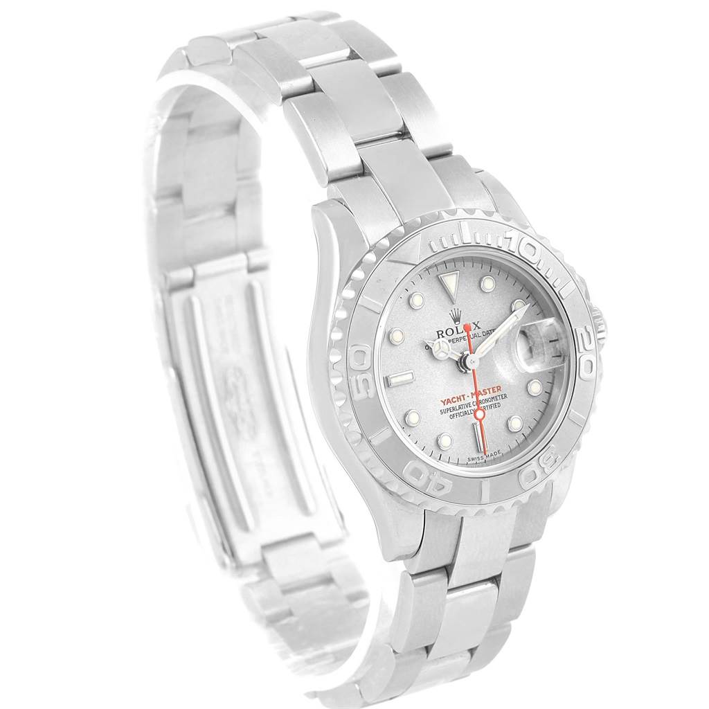 The image shows a Rolex Yacht-Master 169622 Women's Stainless Steel Silver Dial 169622 Women's Stainless Steel Silver Dial watch angled slightly from the top right, displaying the dial, bezel, and part of the bracelet.