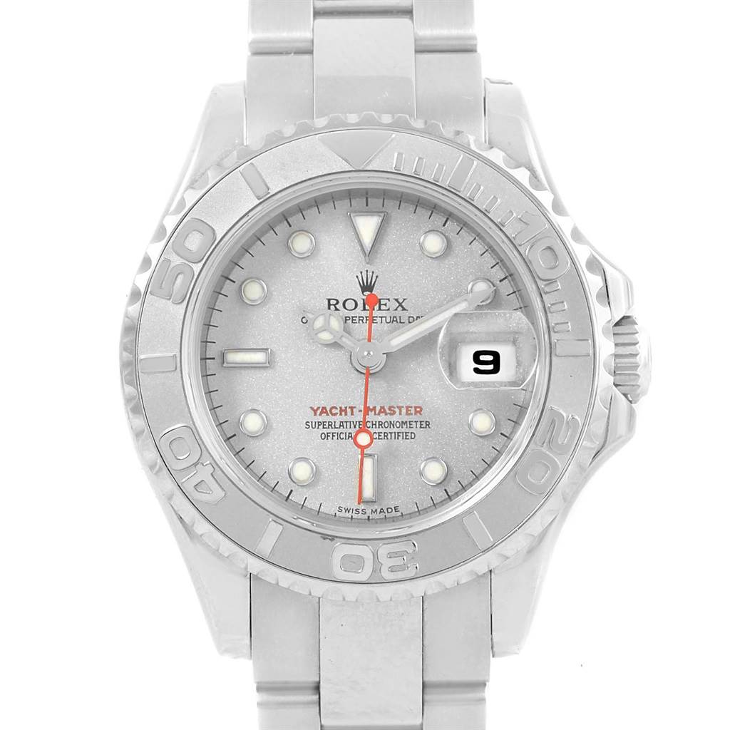 The image shows a front view of a Rolex Yacht-Master 169622 Women's Stainless Steel Silver Dial 169622 Women's Stainless Steel Silver Dial watch, highlighting the dial, markers, hands, and date window.