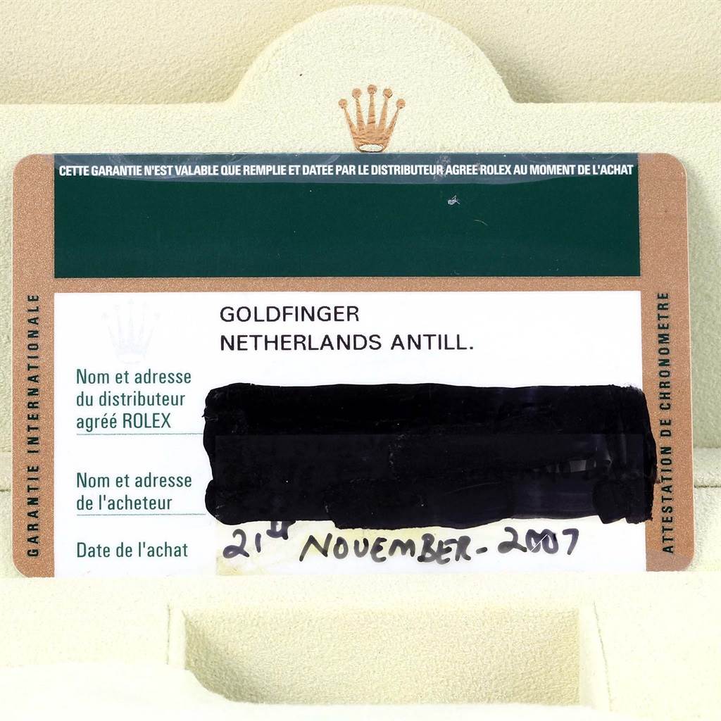 The image shows the warranty card for a Rolex Yacht-Master 169622 Women's Stainless Steel Silver Dial 169622 Women's Stainless Steel Silver Dial watch, detailing purchase information and dealer name.