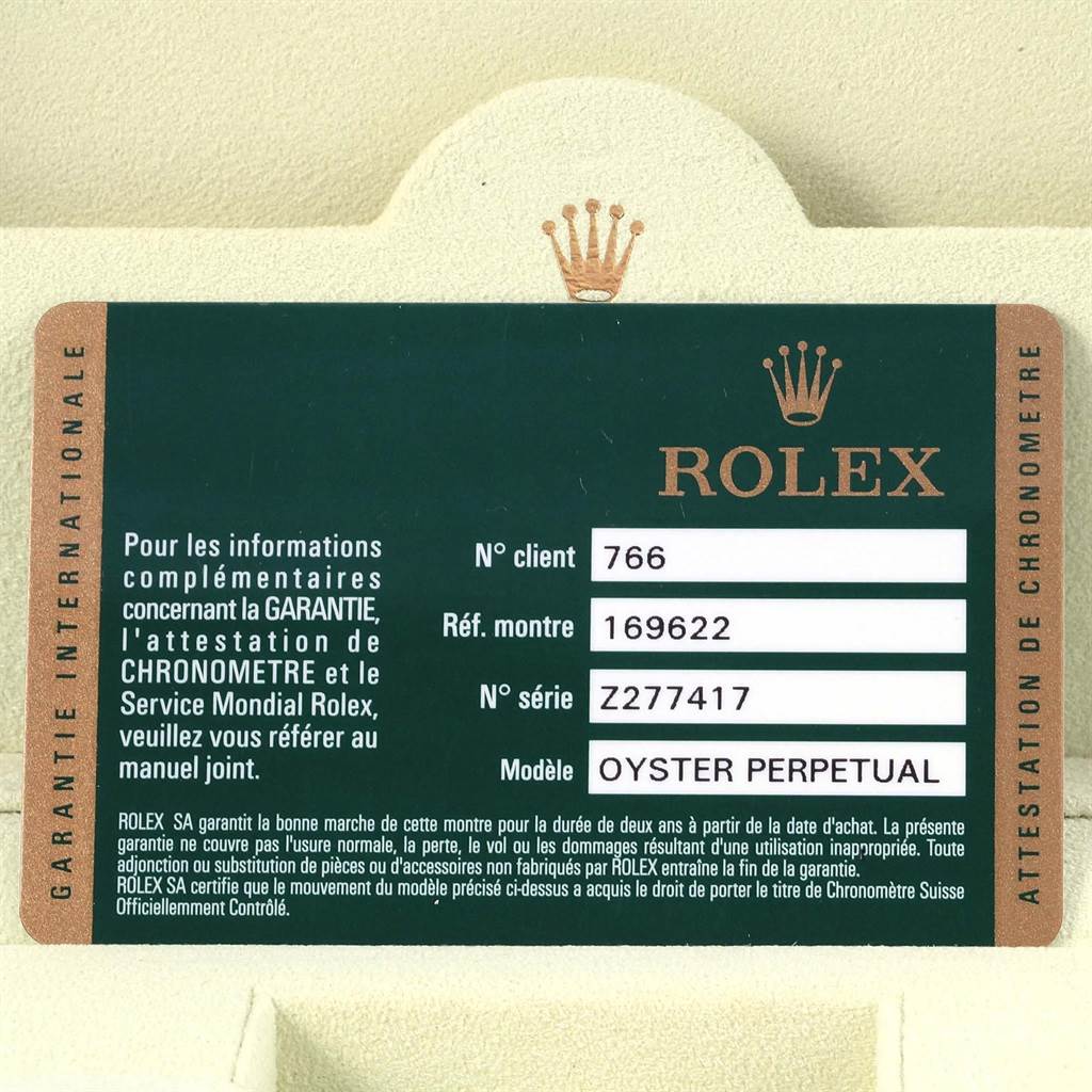 This image shows the certification card for a Rolex Yacht-Master 169622 Women's Stainless Steel Silver Dial 169622 Women's Stainless Steel Silver Dial model, displaying the reference, serial number, and model name.