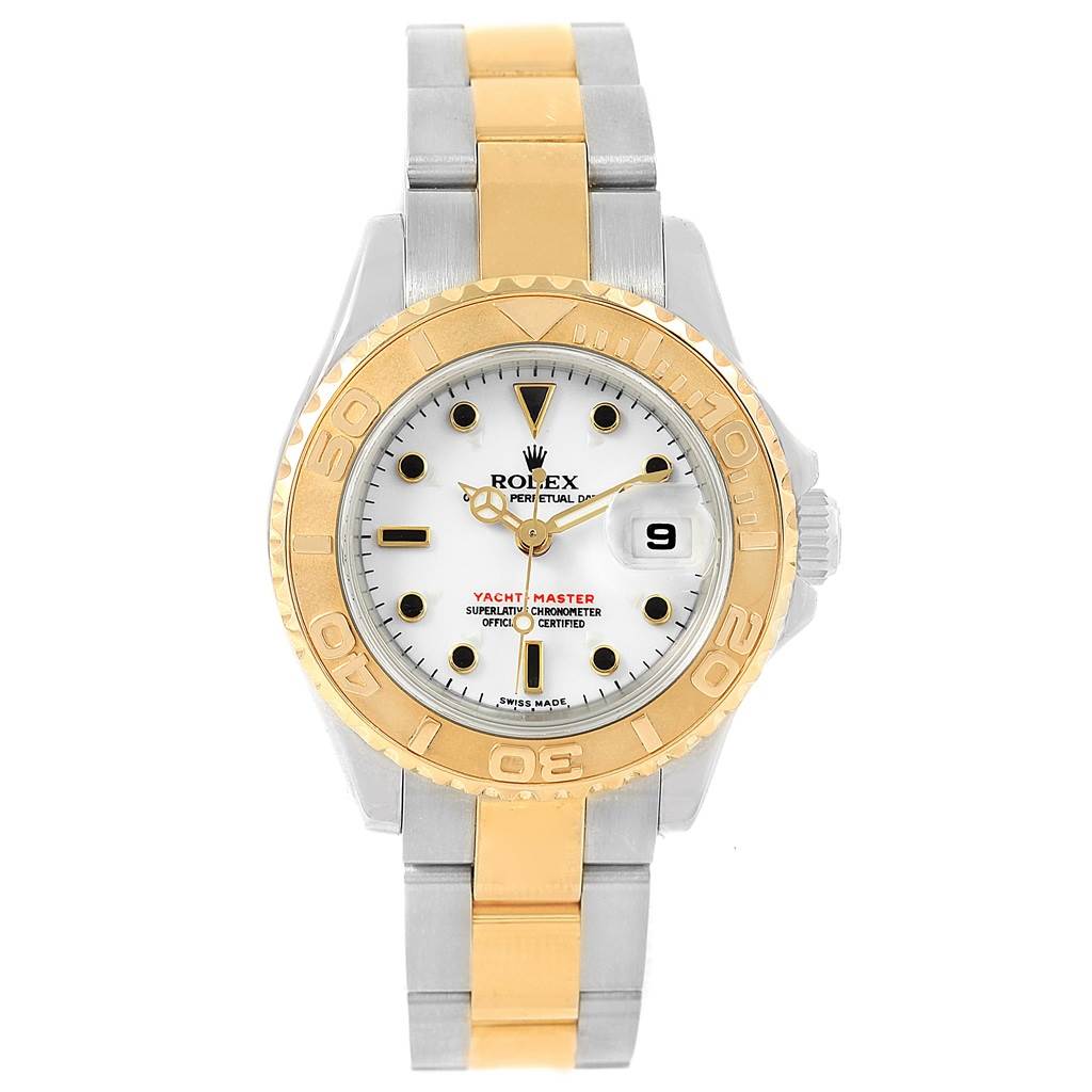 The image shows a Rolex Yacht-Master 169623 Women
s Steel and Gold (two tone) White Dial 169623 Women
s Steel and Gold (two tone) White Dial watch from a front angle, featuring a two-tone gold and silver bracelet and a white dial.
