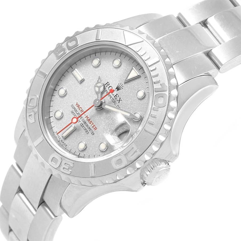 The image shows a close-up angle of the Rolex Yacht-Master 169622 Women's Stainless Steel Silver Dial 169622 Women's Stainless Steel Silver Dial watch, highlighting the dial, bezel, and part of the bracelet.