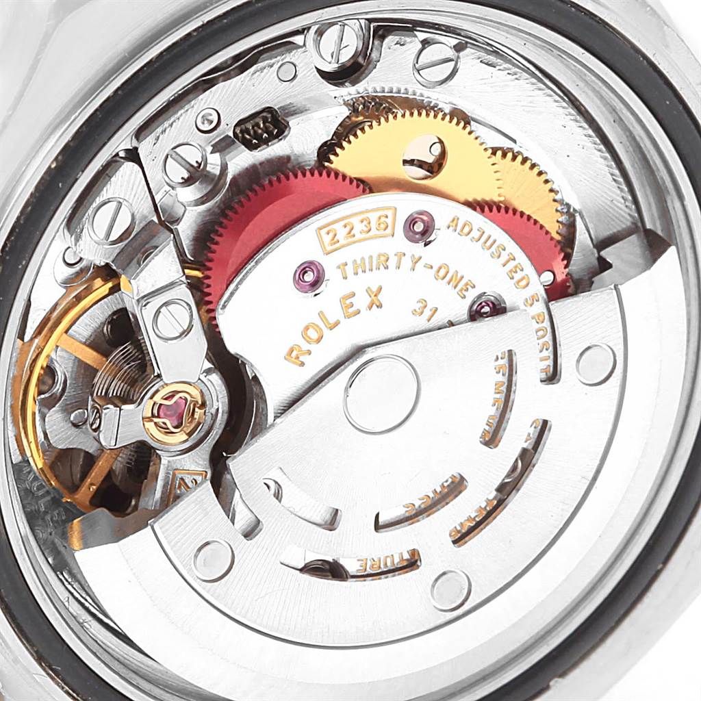 This image shows a close-up view of the movement mechanism of a Rolex Yacht-Master 169622 Women's Stainless Steel Silver Dial 169622 Women's Stainless Steel Silver Dial watch.