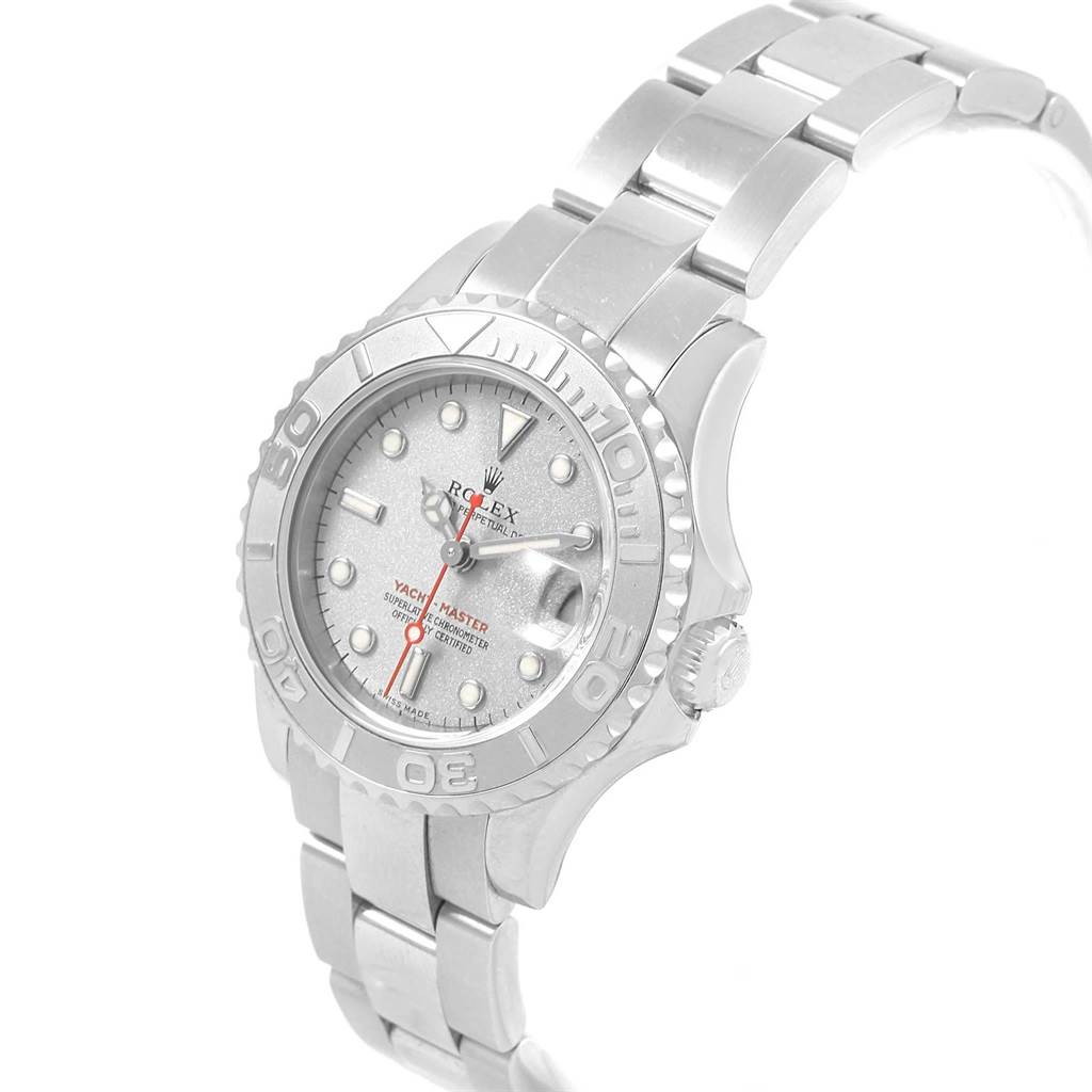 This image shows a Rolex Yacht-Master 169622 Women's Stainless Steel Silver Dial 169622 Women's Stainless Steel Silver Dial watch from an angled front view, highlighting the dial, bezel, and bracelet.