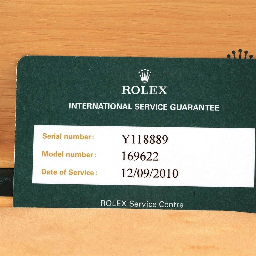 The image shows a Rolex Yacht-Master 169622 Women's Stainless Steel Silver Dial 169622 Women's Stainless Steel Silver Dial model's service guarantee card with its serial and model number displayed.