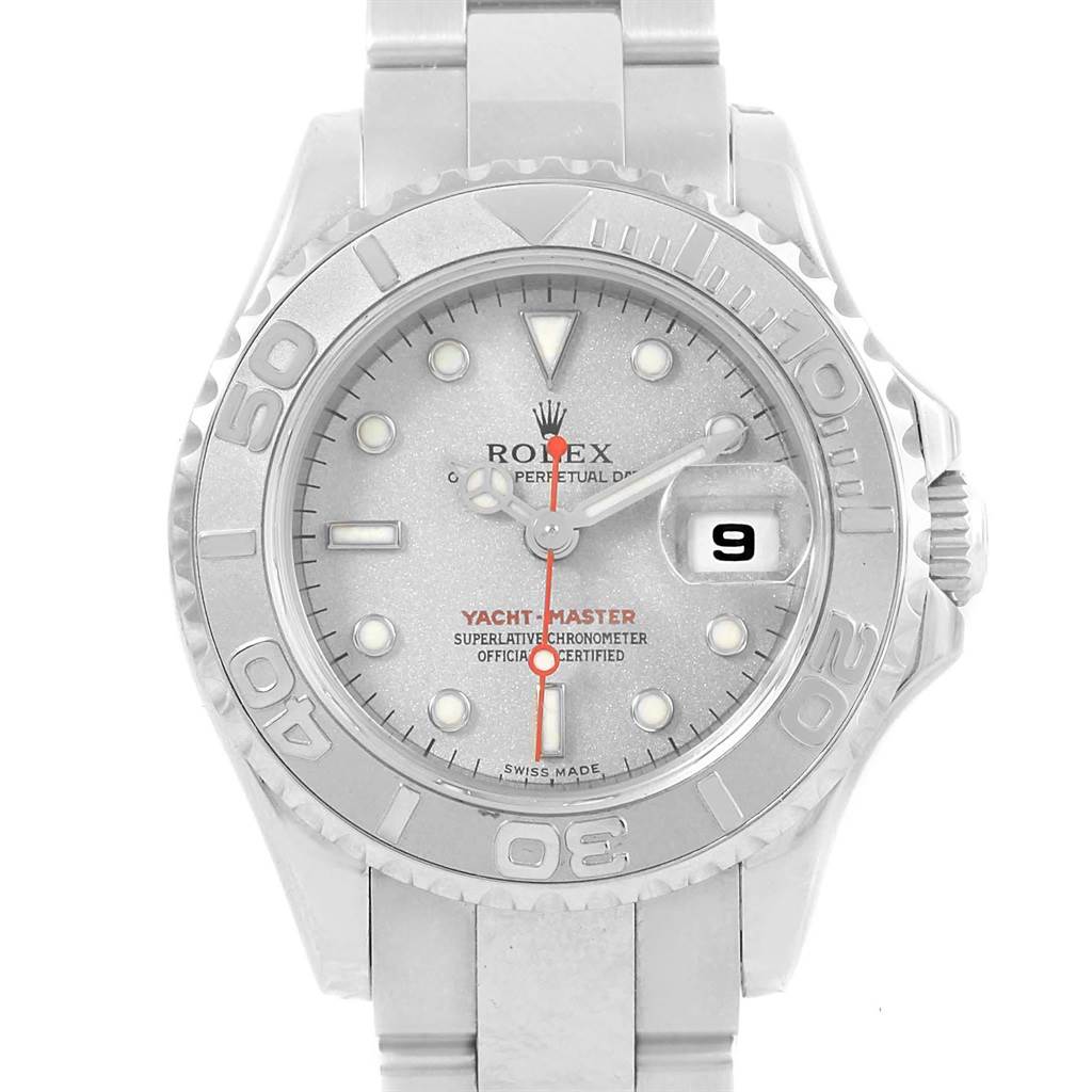 This image shows a front view of a Rolex Yacht-Master 169622 Women's Stainless Steel Silver Dial 169622 Women's Stainless Steel Silver Dial watch displaying its face, bezel, and metal bracelet.